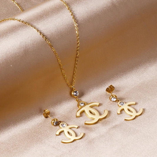 CC’ Luxury Necklace & Earrings Set SS 16” Gold tone