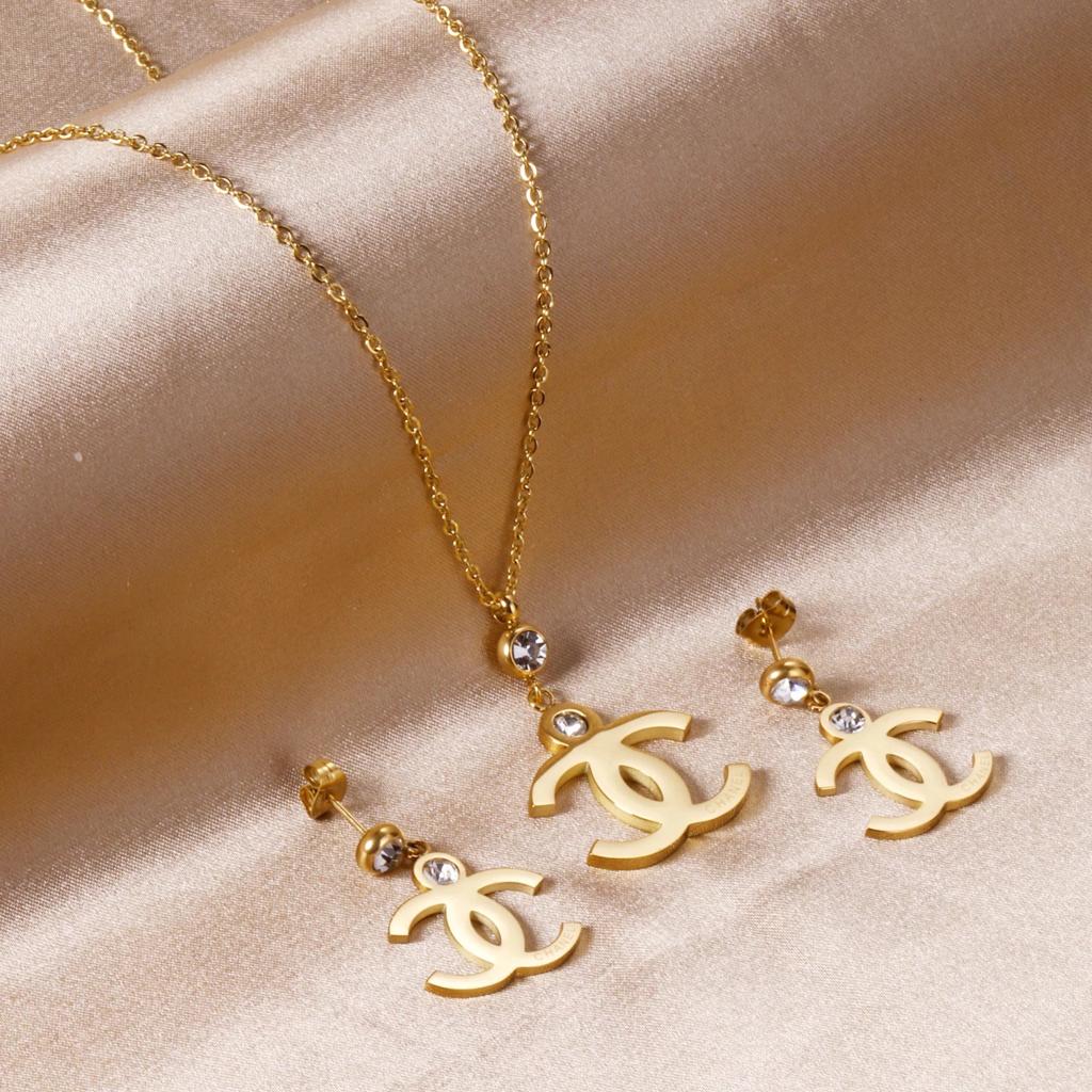 CC' Luxury Necklace & Earrings Set SS 16” Gold tone – justbeyoubynohra