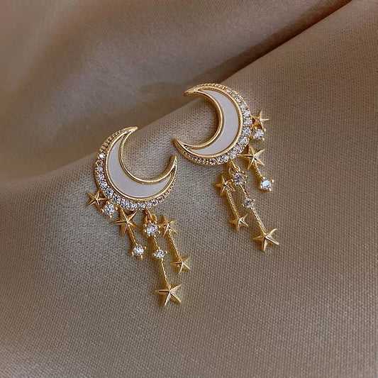 Moon & Stars Earrings Gold White Pearl